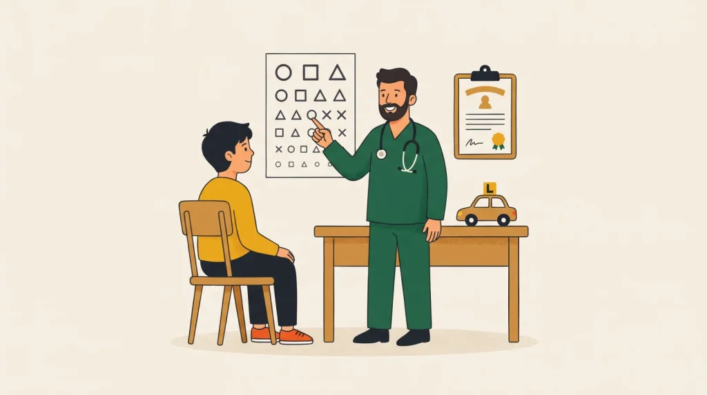Ilustracija: lekar pokazuje tablicu za proveru vida kandidatu za vozača