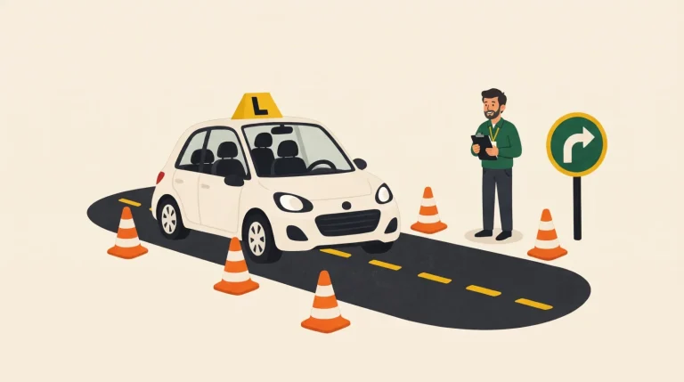 Ilustracija: auto sa L oznakom na poligonu između čunjeva i ispitivač sa listom